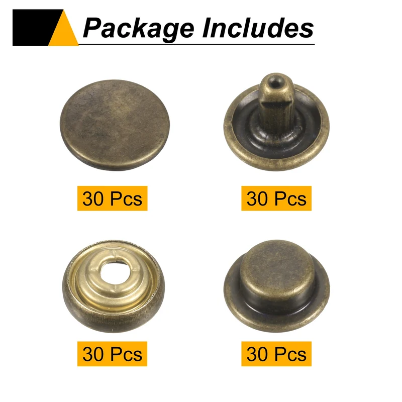 30Set Press-Stud Cap Button 15mm Metal Snap Fastener for Clothes DIY, Bronze