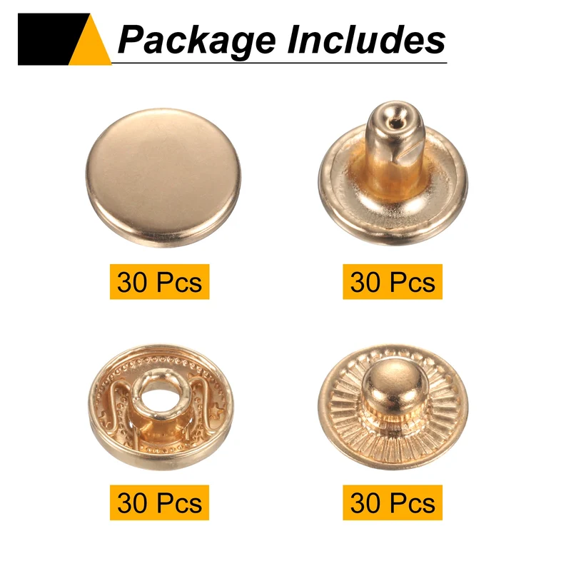 30Set Press-Stud Cap Button 15mm Metal Snap Fastener for Canvas, Gold