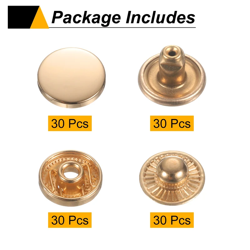 30Set Press-Stud Cap Button 17mm Metal Snap Fastener for Leathers, Gold