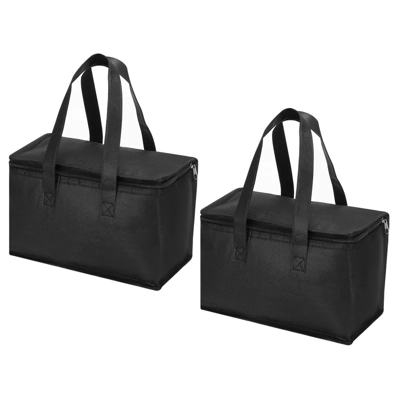 2Pcs 11"x5.5"x6.7" Insulated Reusable Grocery Bag Food Delivery Tote Bag, Black