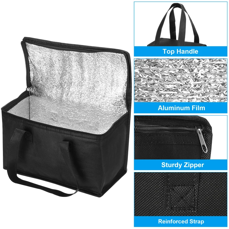 2Pcs 11"x5.5"x6.7" Insulated Reusable Grocery Bag Food Delivery Tote Bag, Black