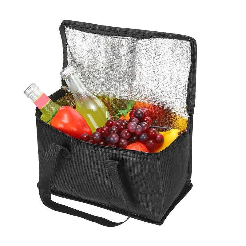 11"x5.5"x6.7" Insulated Reusable Grocery Bag, Food Delivery Insulated Cooler Tote Bag with Zipper Collapsible for Hot Cold Transport Shopping, Black