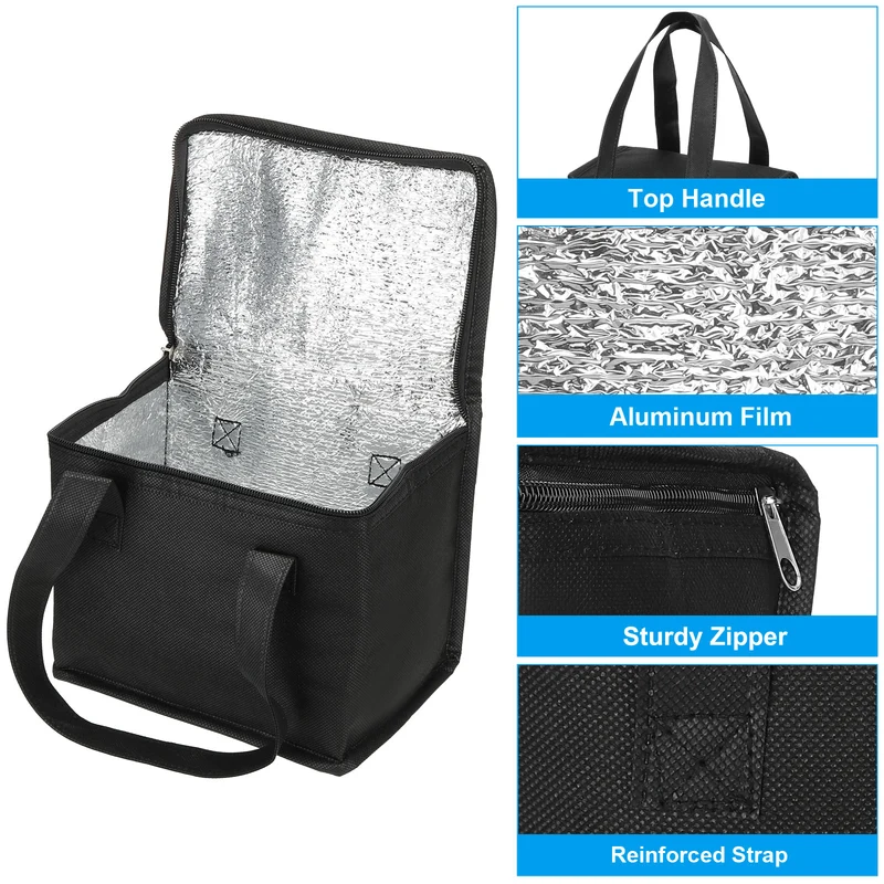 8.3"x5.5"x6.7" Insulated Reusable Grocery Bag, Food Delivery Insulated Cooler Tote Bag with Zipper Collapsible for Hot Cold Transport Shopping, Black