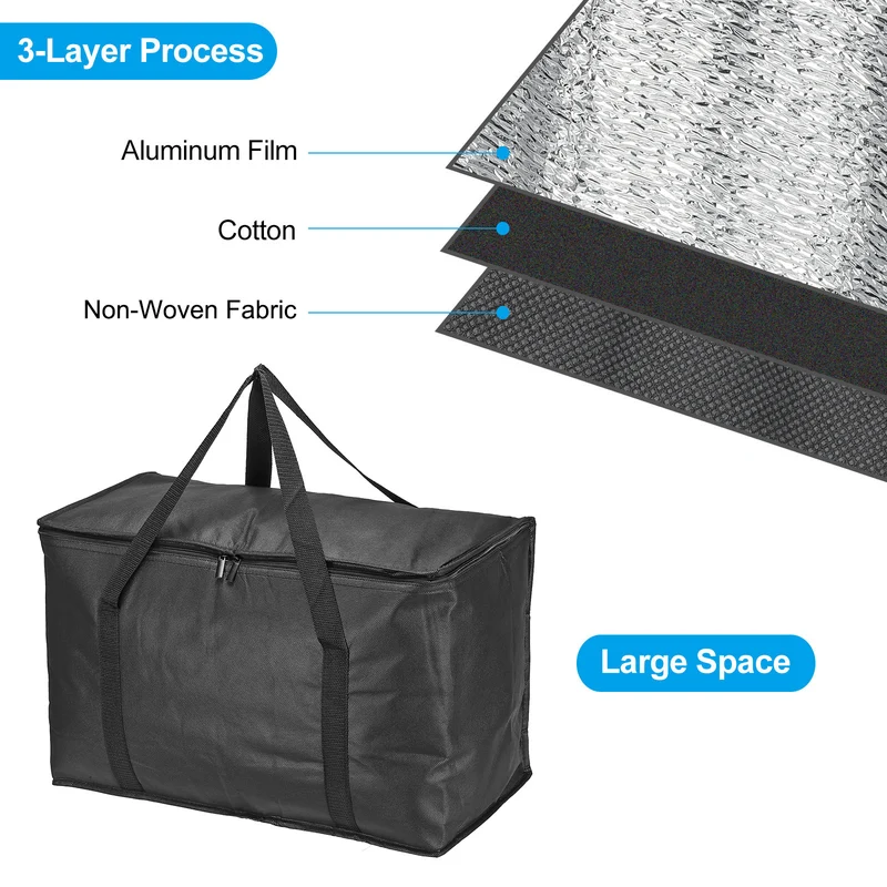 2Pcs 20.1"x10"x13" Insulated Reusable Grocery Bags Food Delivery Tote Bag, Black