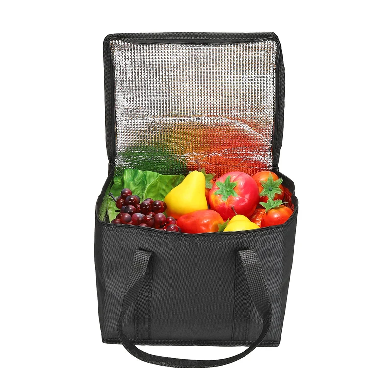 16.1"x9.1"x13" Insulated Reusable Grocery Shopping Bag with Pocket, Black