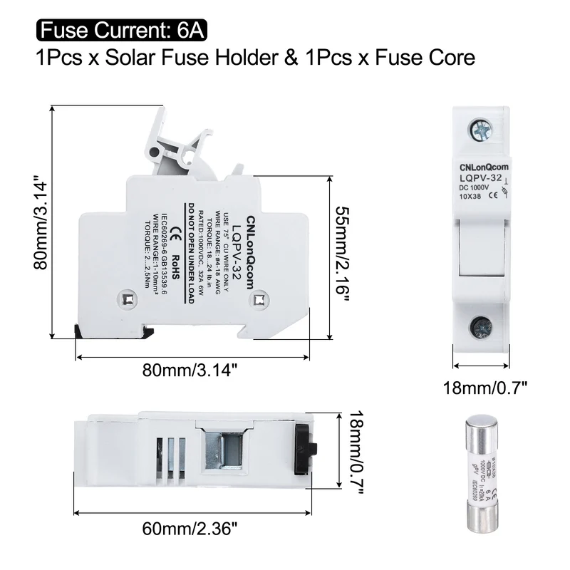 Solar Fuse Holder with 1 Fuse Core, DC 1000V 6A Single Pole 10x38mm DIN Rail Mount Fuse Holder Base for Household Circuits, Photovoltaic Station