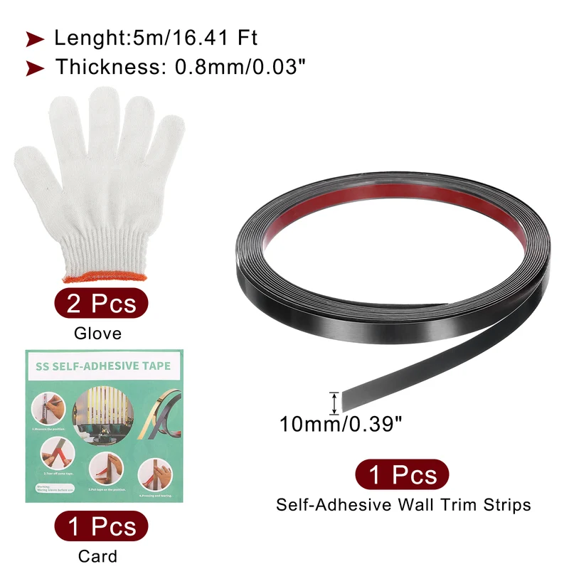 16.4ft x 0.39" Wall Molding Trim, Brushed Finish with Glove and Card, Black
