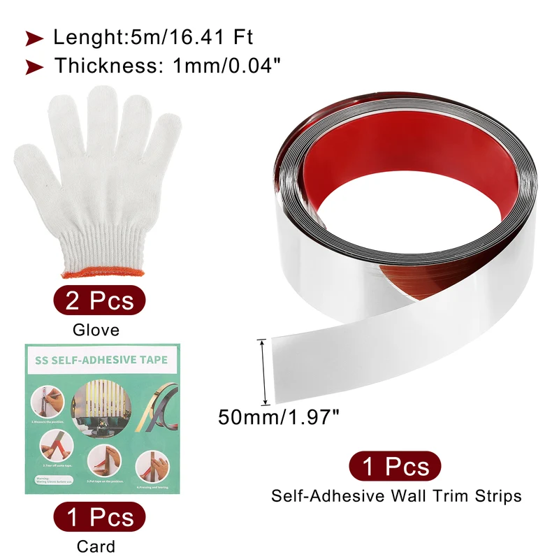 16.4ft x 1.97" Wall Molding Trim, Mirror Finish with Glove and Card, Silver