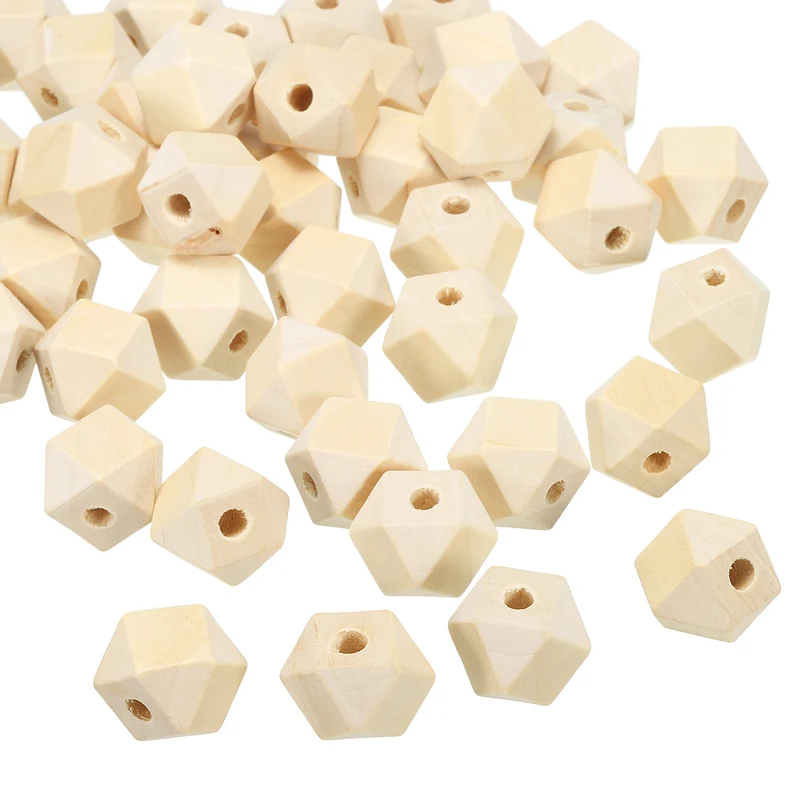 16mm Natural Wood Beads 60 Pack Unfinished Wooden Beads Geometric Hexagon Beads