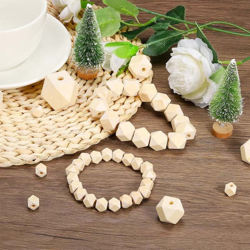 16mm Natural Wood Beads 60 Pack Unfinished Wooden Beads Geometric Hexagon Beads