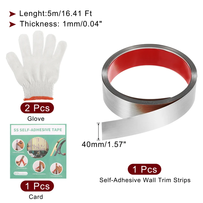 16.4ft x 1.57" Wall Molding Trim, Brushed Finish with Glove and Card, Silver