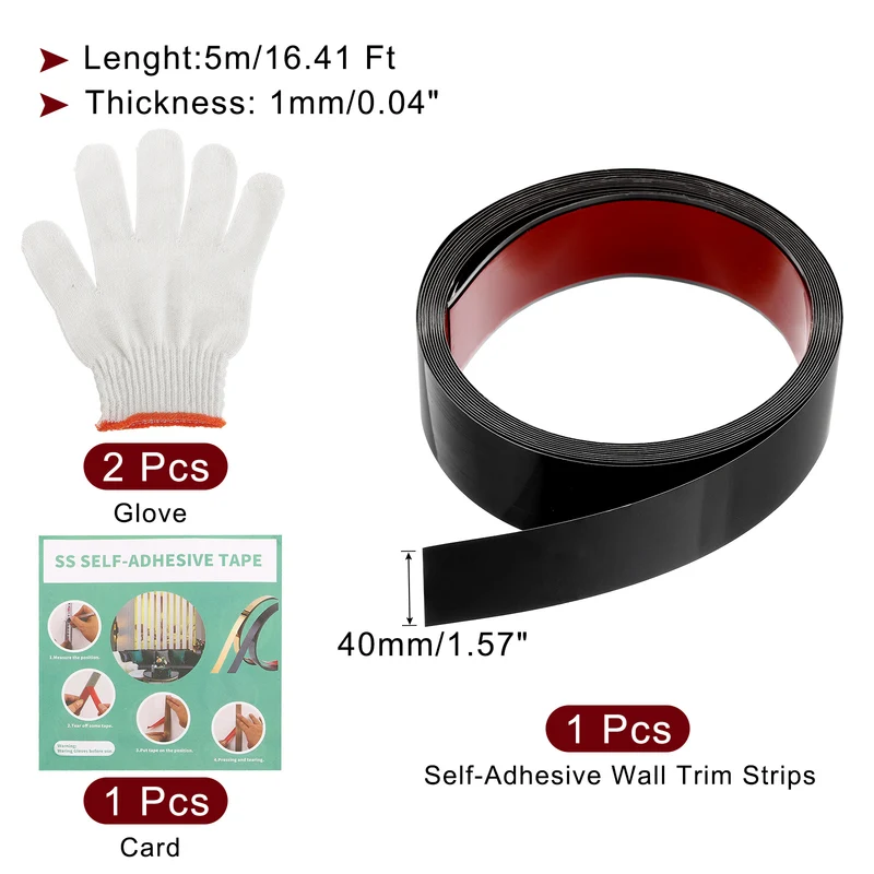 16.4ft x 1.57" Wall Molding Trim, Mirror Finish with Glove and Card, Black