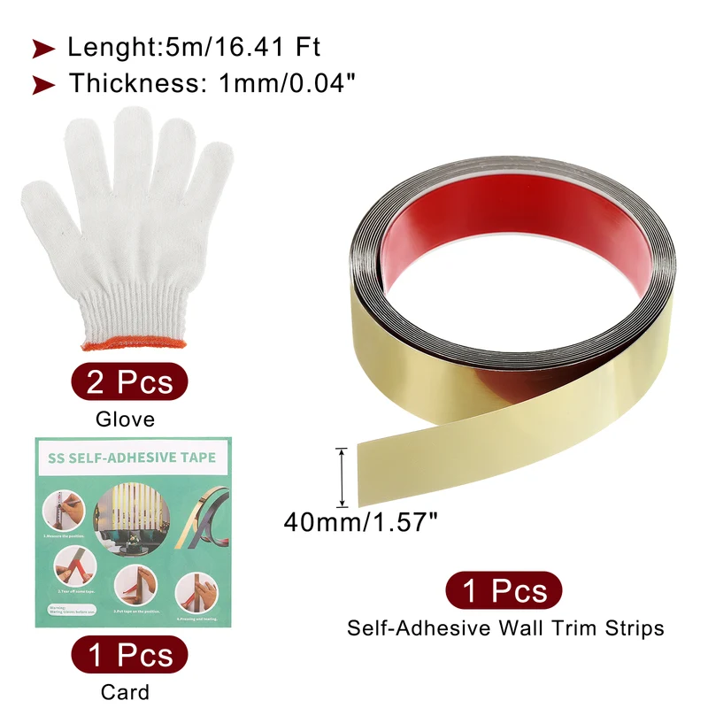 16.4ft x 1.57" Wall Molding Trim, Mirror Finish with Glove and Card, Gold