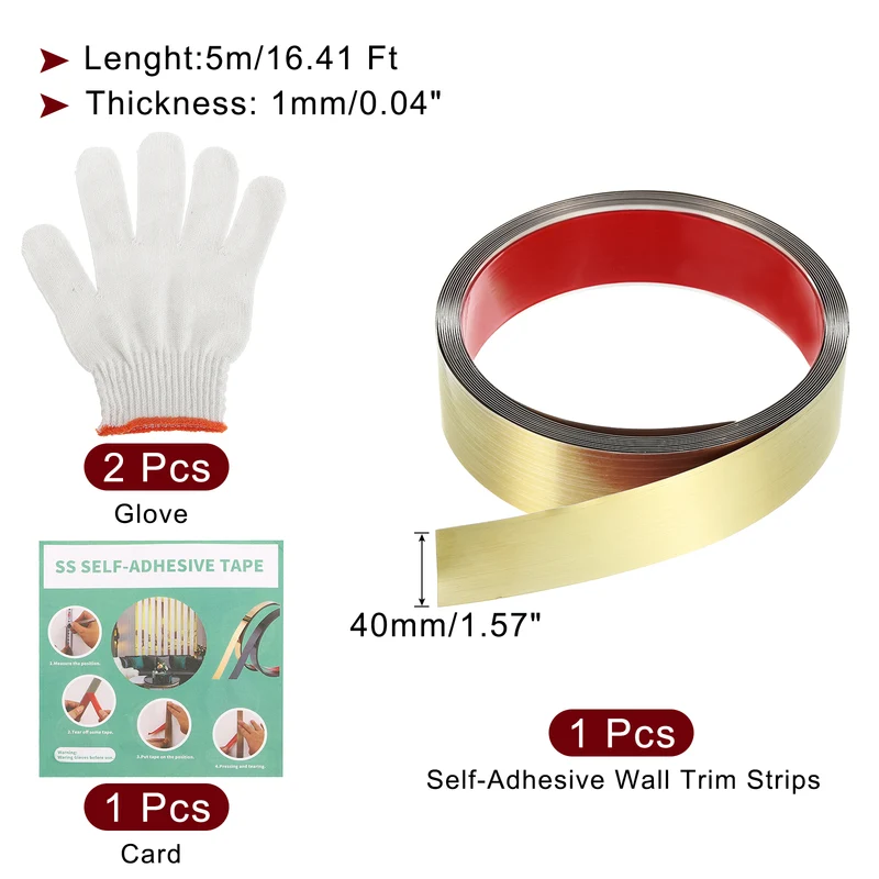 16.4ft x 1.57" Wall Molding Trim, Brushed Finish with Glove and Card, Gold