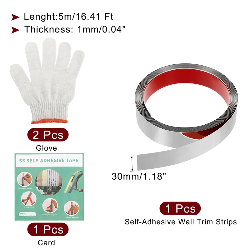 16.4ft x 1.18" Wall Molding Trim, Mirror Finish with Glove and Card, Silver