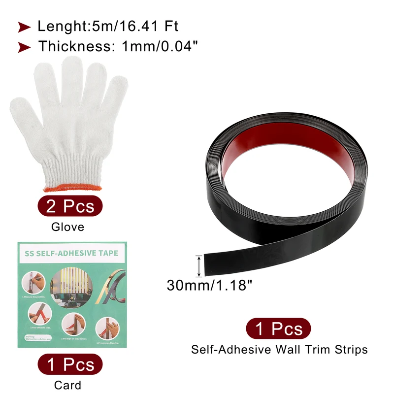 16.4ft x 1.18" Wall Molding Trim, Mirror Finish with Glove and Card, Black