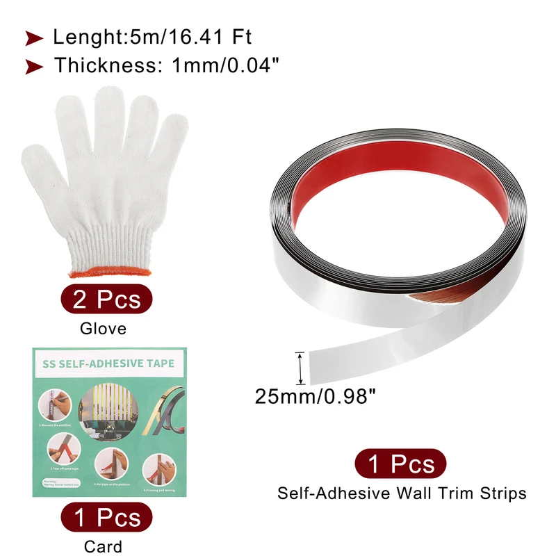 16.4ft x 0.98" Wall Molding Trim, Mirror Finish with Glove and Card, Silver