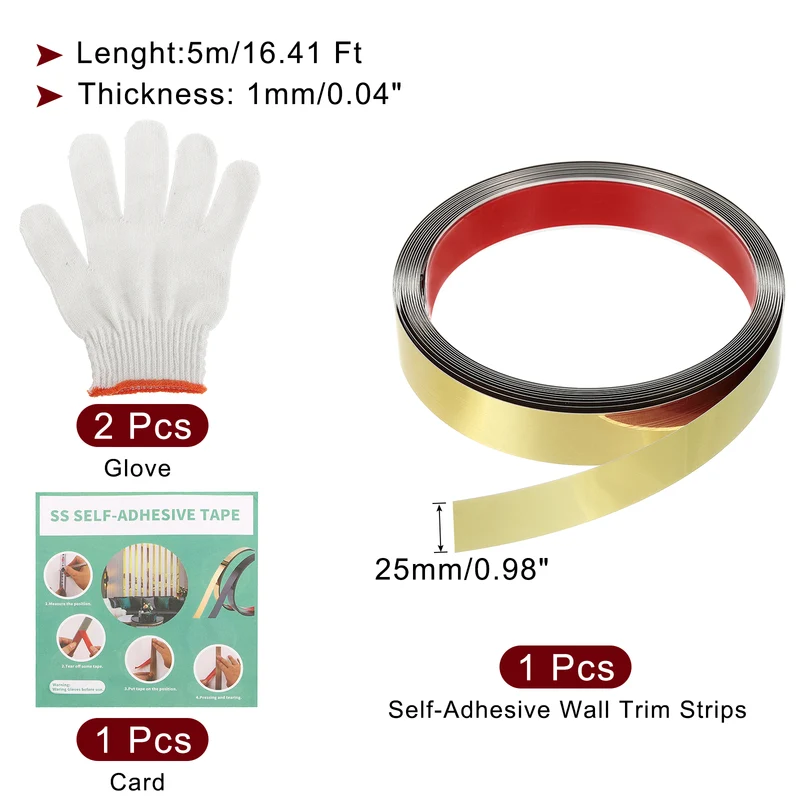 16.4ft x 0.98" Wall Molding Trim, Mirror Finish with Glove and Card, Gold