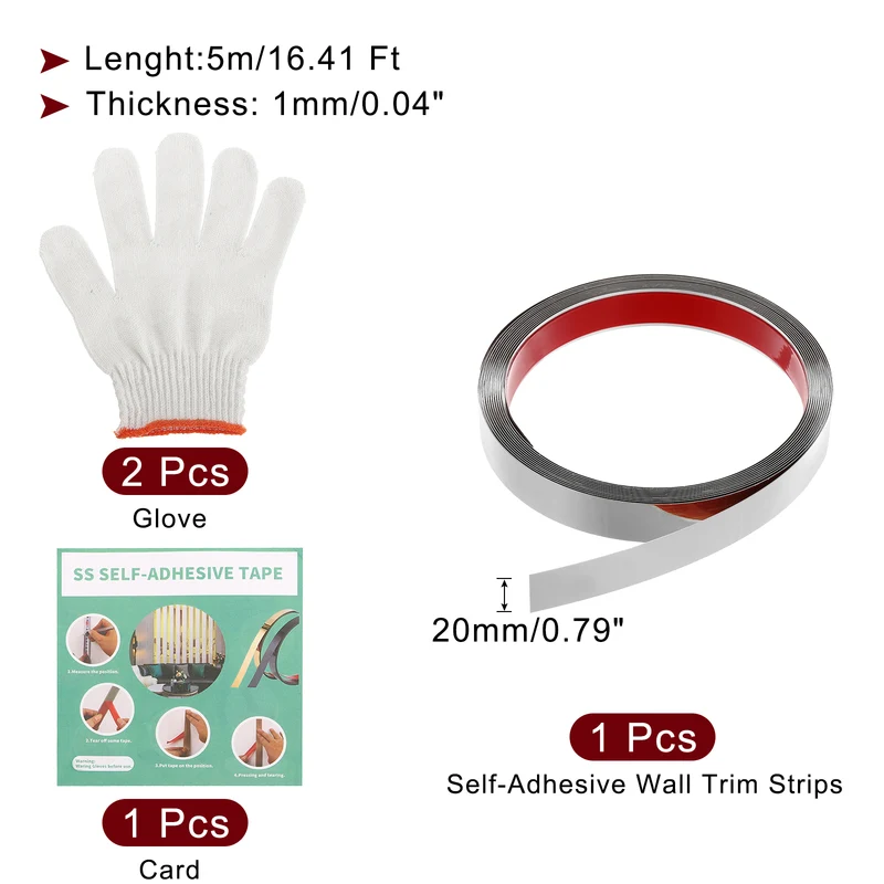 16.4ft x 0.79" Wall Molding Trim, Mirror Finish with Glove and Card, Silver