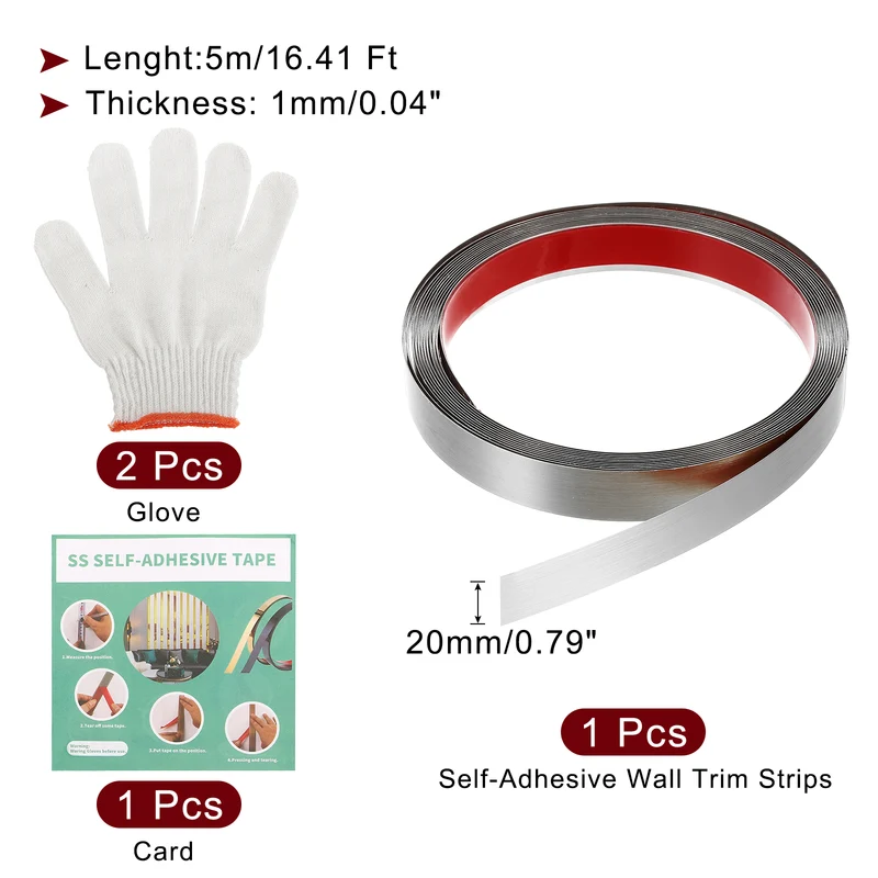 16.4ft x 0.79" Wall Molding Trim, Brushed Finish with Glove and Card, Silver