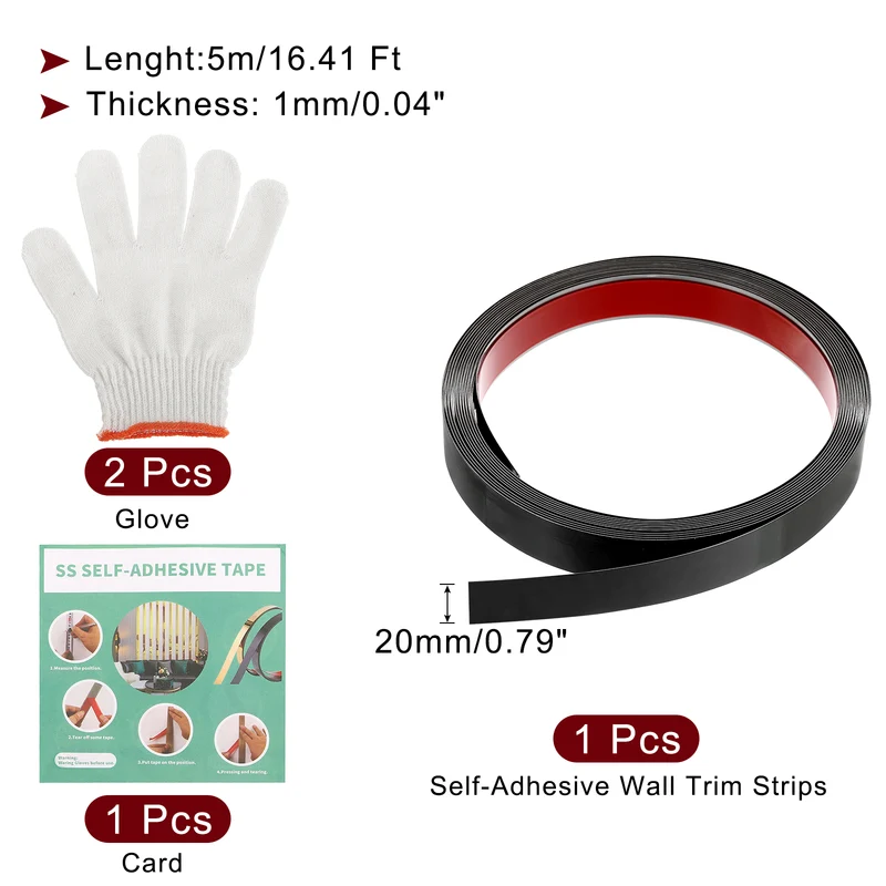 16.4ft x 0.79" Wall Molding Trim, Mirror Finish with Glove and Card, Black