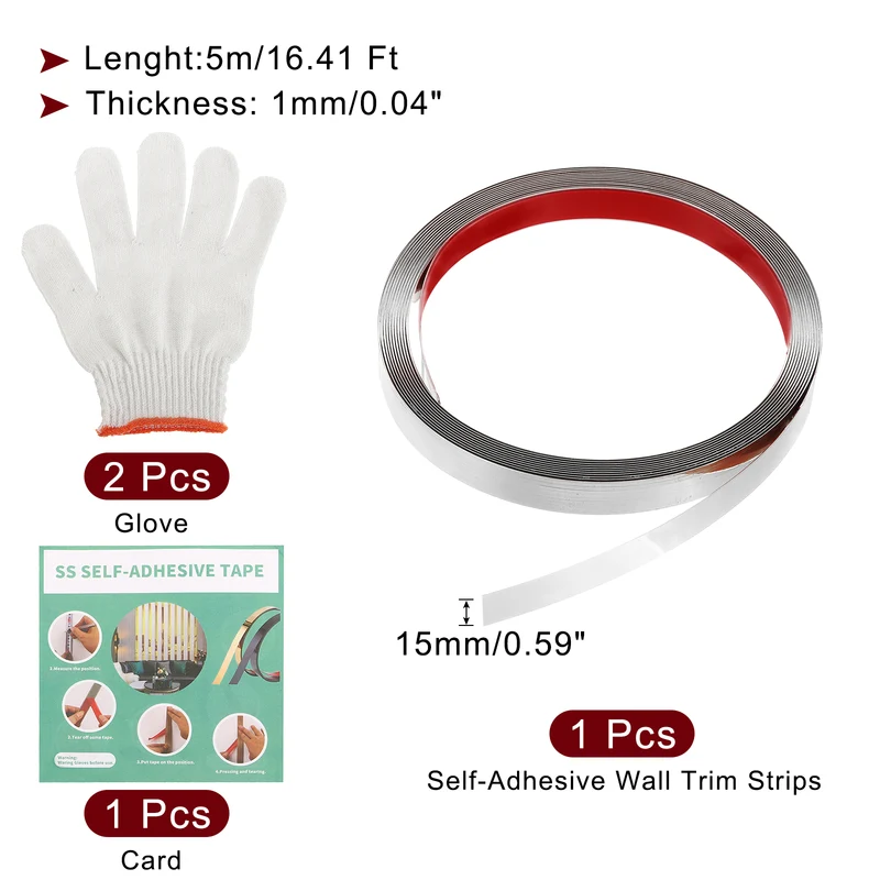 16.4ft x 0.59" Wall Molding Trim, Mirror Finish with Glove and Card, Silver