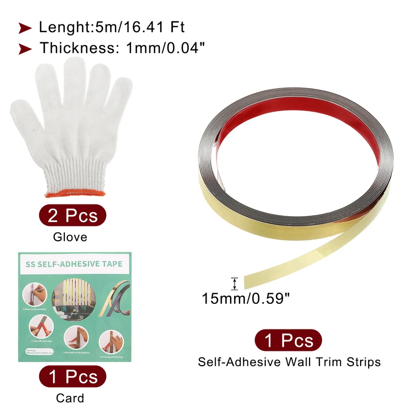 16.4ft x 0.59" Wall Molding Trim, Mirror Finish with Glove and Card, Gold