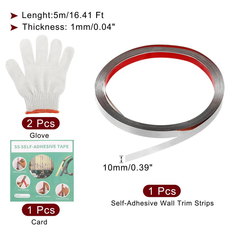 16.4ft x 0.39" Wall Molding Trim, Mirror Finish with Glove and Card, Silver