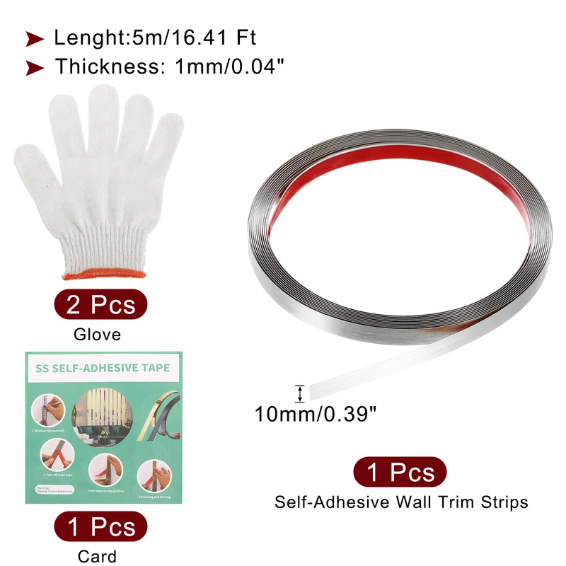 16.4ft x 0.39" Wall Molding Trim, Brushed Finish with Glove and Card, Silver