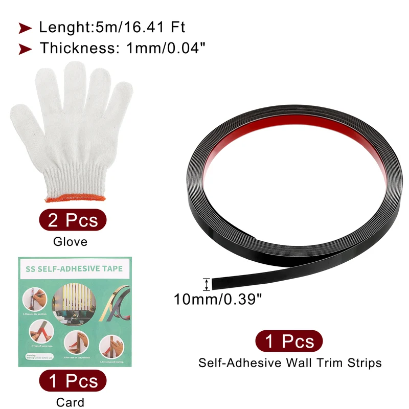 16.4ft x 0.39" Wall Molding Trim, Mirror Finish with Glove and Card, Black