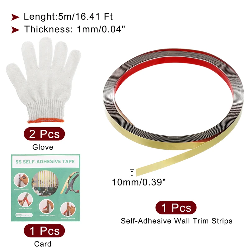 16.4ft x 0.39" Wall Molding Trim, Mirror Finish with Glove and Card, Gold