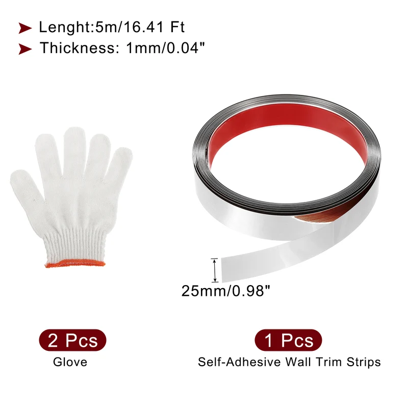 16.4ft x 0.98" Wall Molding Trim, Mirror Finish with Glove, Silver