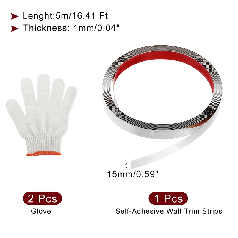 16.4ft x 0.59" Wall Molding Trim, Mirror Finish with Glove, Silver