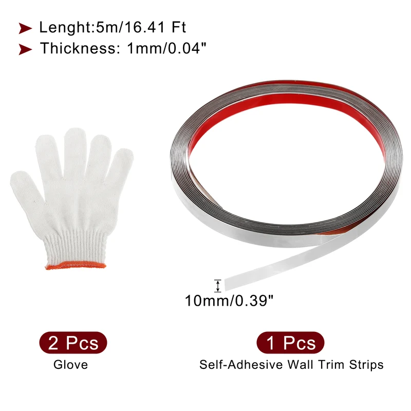 16.4ft x 0.39" Wall Molding Trim, Mirror Finish with Glove, Silver
