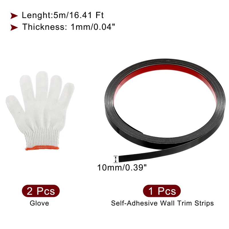16.4ft x 0.39" Wall Molding Trim, Mirror Finish with Glove, Black