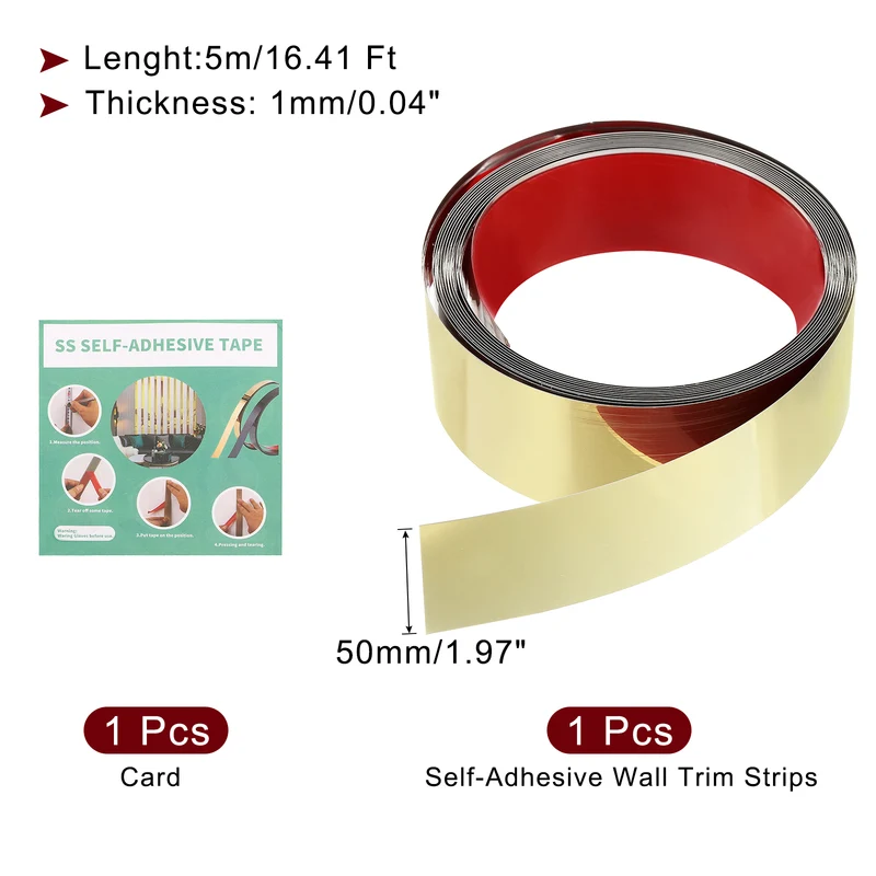 16.4ft x 1.97" Wall Molding Trim, Mirror Finish Metal Strip Trim, Gold