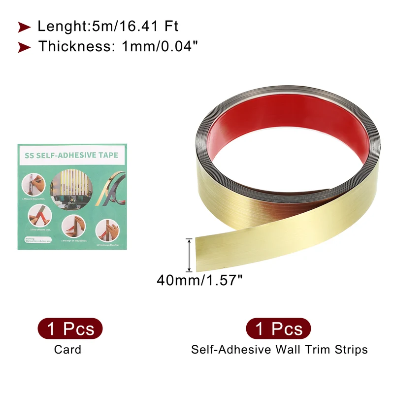 16.4ft x 1.57" Wall Molding Trim, Brushed Finish Metal Strip Trim, Gold