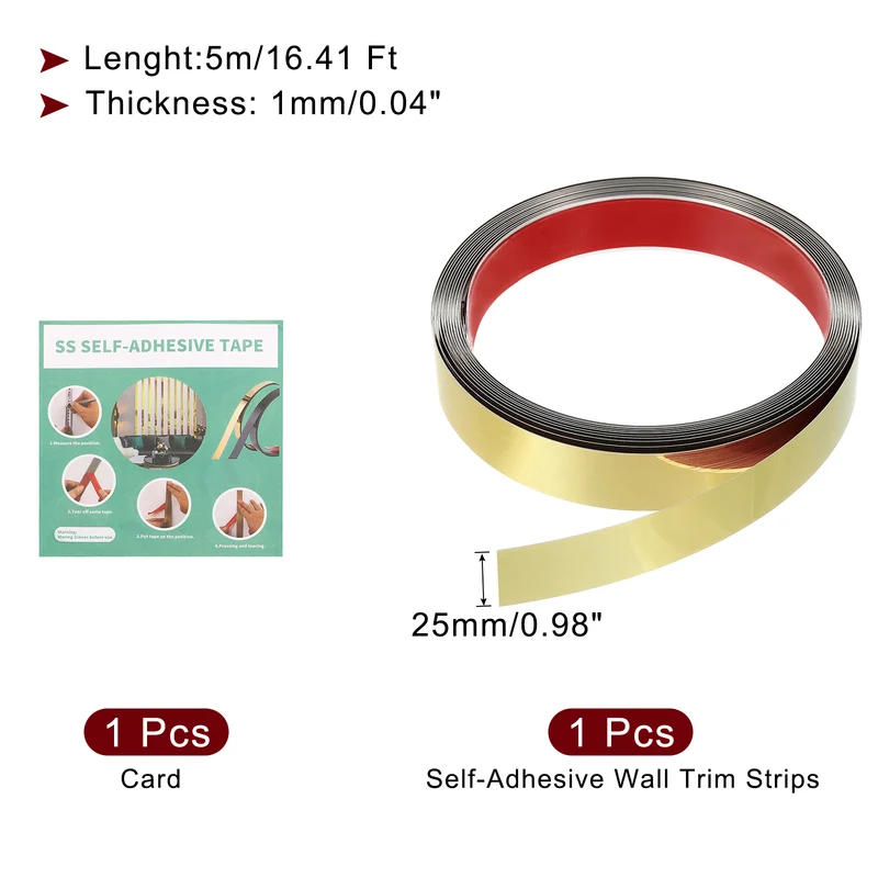 16.4ft x 0.98" Wall Molding Trim, Mirror Finish Metal Strip Trim, Gold