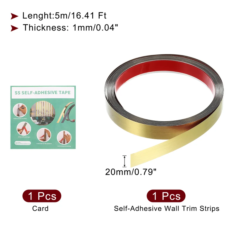 16.4ft x 0.79" Wall Molding Trim, Brushed Finish Metal Strip Trim, Gold