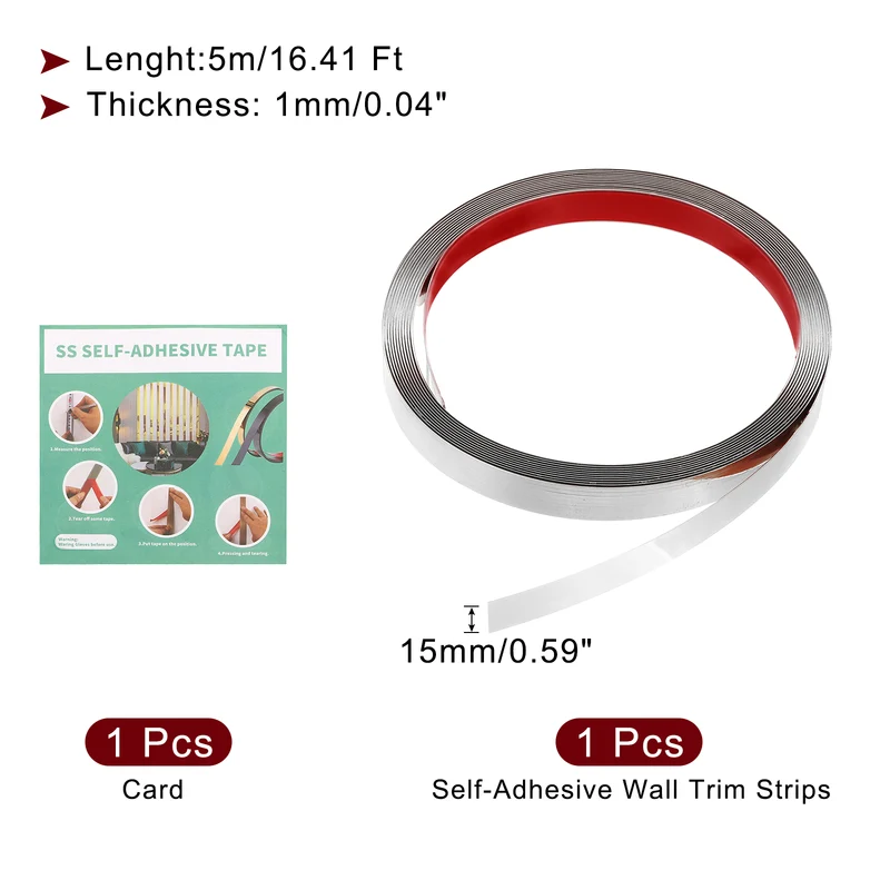 16.4ft x 0.59" Wall Molding Trim, Mirror Finish Metal Strip Trim, Silver