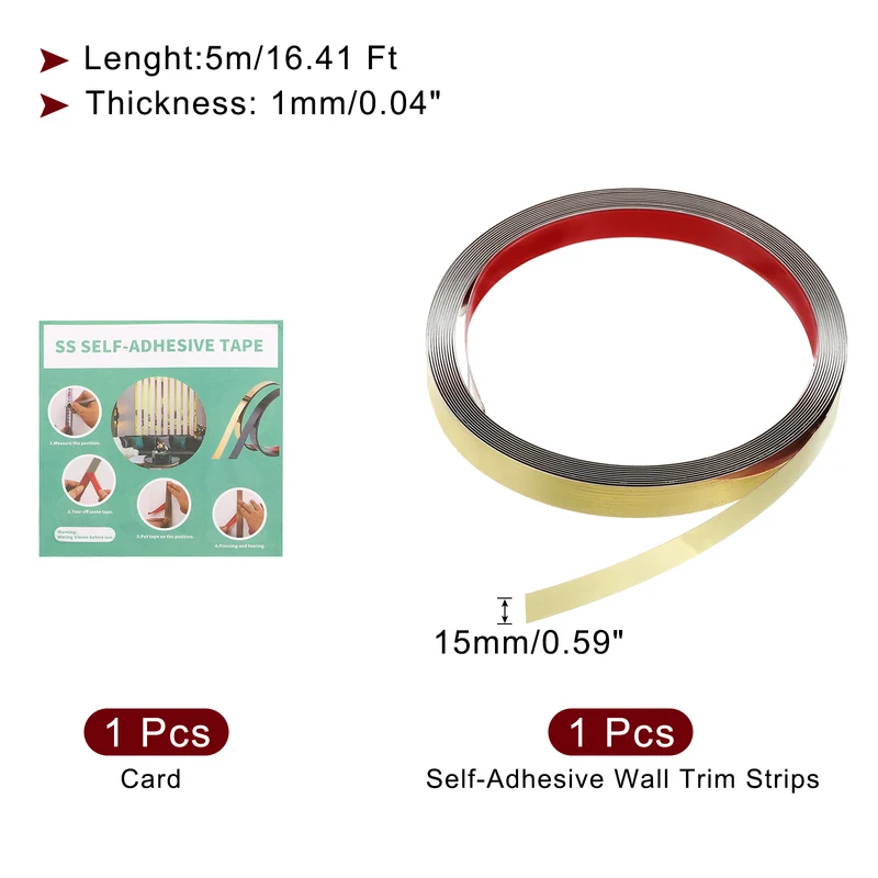 16.4ft x 0.59" Wall Molding Trim, Mirror Finish Metal Strip Trim, Gold