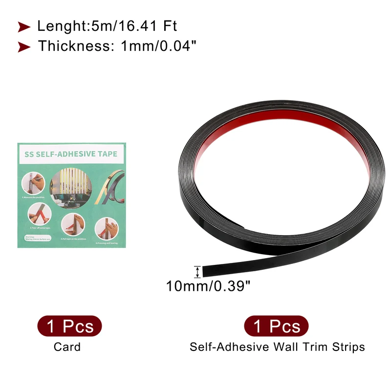 16.4ft x 0.39" Wall Molding Trim, Mirror Finish Metal Strip Trim, Black