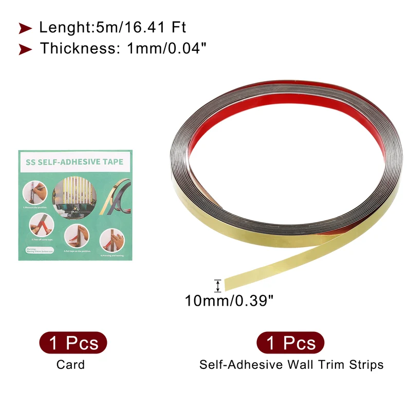 16.4ft x 0.39" Wall Molding Trim, Mirror Finish Metal Strip Trim, Gold