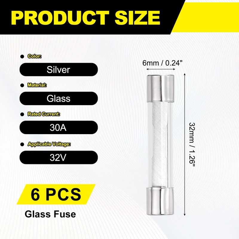 6Pcs 30A 32VDC Glass Fuse 6x32mm Slow Blow Time Delay Automotive Fuse