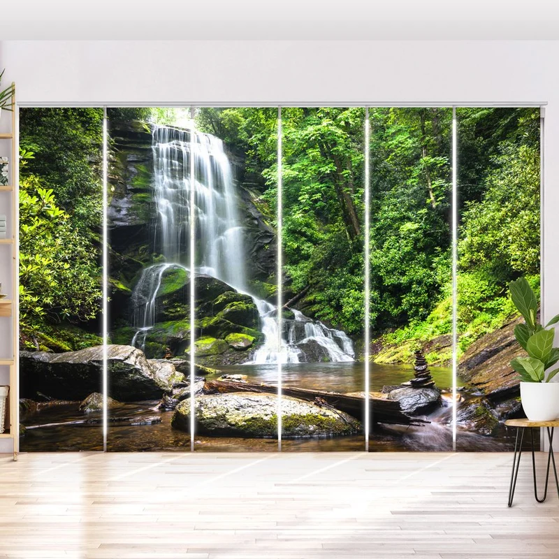 Schiebegardine Motiv "Wasserfall Wald Steine"