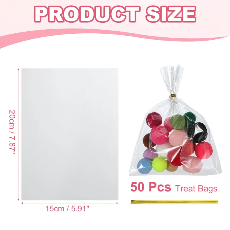 Treat Bags 50 Pcs 8x6 Inch Candy Gift Bags with Twist Ties Clear