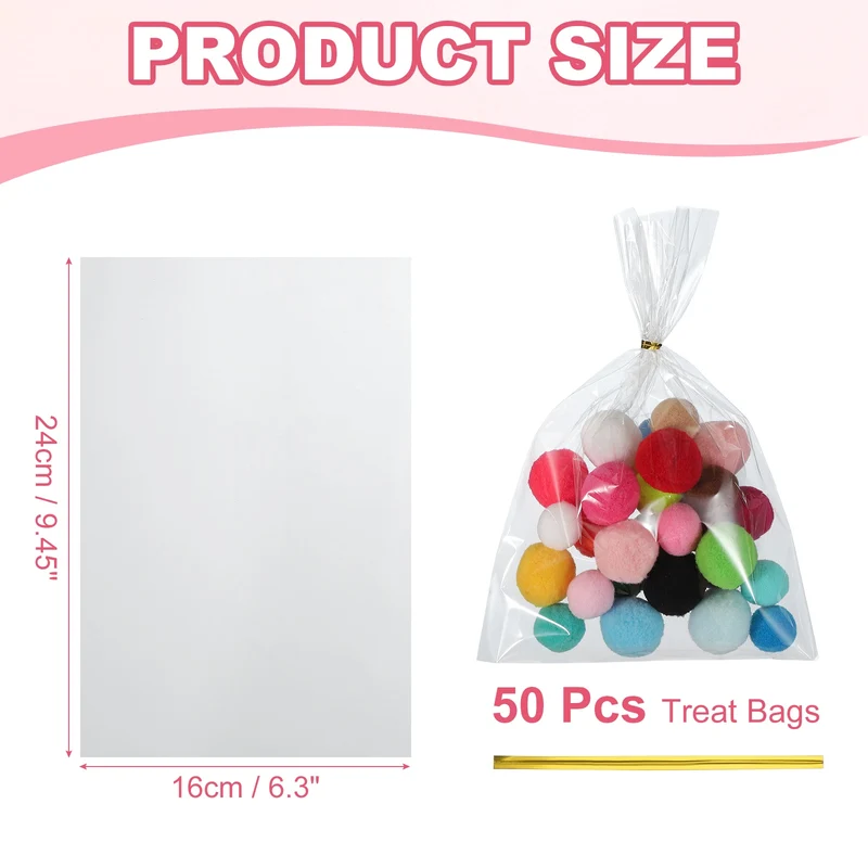 Treat Bags 50 Pcs 9.5x6 Inch Candy Gift Bags with Twist Ties Clear