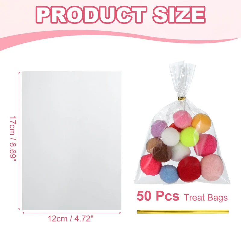 Treat Bags 50 Pcs 7x5 Inch Candy Gift Bags with Twist Ties Clear
