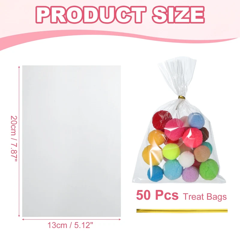 Treat Bags 50 Pcs 8x5 Inch Candy Gift Bags with Twist Ties Clear