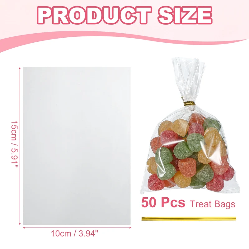 Treat Bags 50 Pcs 6x4 Inch Candy Gift Bags with Twist Ties Clear